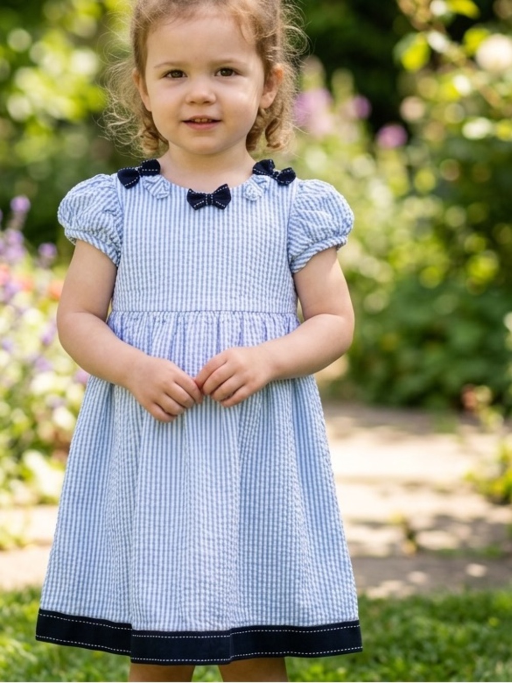 Hartstrings Light Blue Toddler Girls Dress Cotton Seersucker Navy Bows 24 Mo